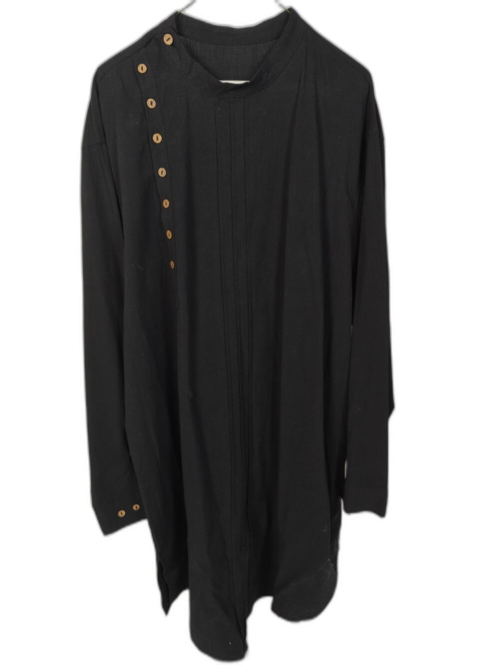 Men's XXL Black Linen Longline Tunic Shirt Mandarin Collar Button Accent